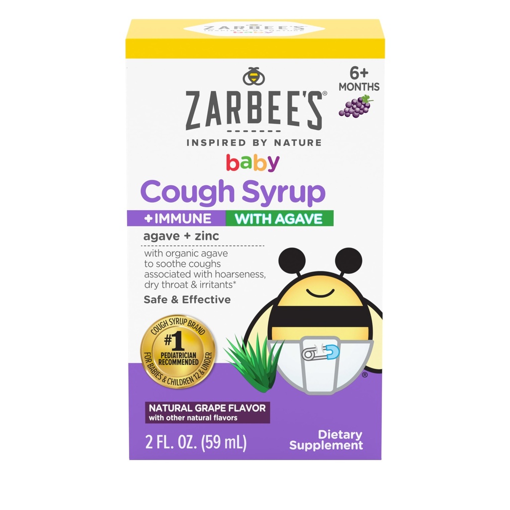 Zarbee 's Baby Hough Syrup + immun med organisk agave + zink; Natural Grape Flavor; for babyer 6 + måneder, 2 Fl Oz (pakke med 1)