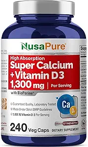 NusaPure Super Calcium 1300mg, Vitamin D3-240 Veggie Caps (Non-GMO, Soyfree, Bioperine)