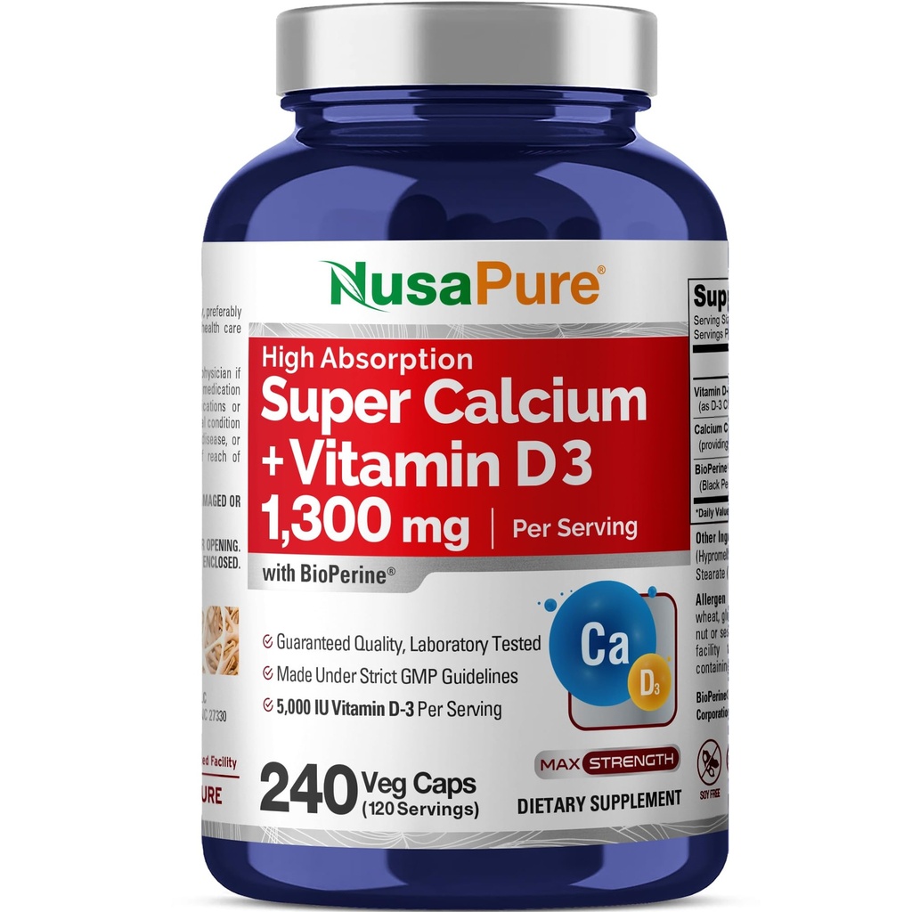 NusaPure Super Calcium 1300mg, vitamin D3- 240 Veggie Caps (ikke- GMO, soyfree, bioperine)
