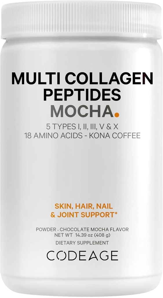 Codeage Multi Collagen Peptider Protein Powder - Chokolade Mocha Instant Coffee - Gourmet Knoa Coffee Drink & Shake - Collagen Type I, II, III, V & X - Grass- Fed, Hydrolyzed, Non- GMO - 14.39oz