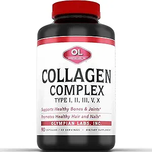 Olympian Labs Multi Collagen Complex Type I, II, III, V, X, Hair, Nails, Joint, Gut Health, 90 Caps, 30-Day Supply