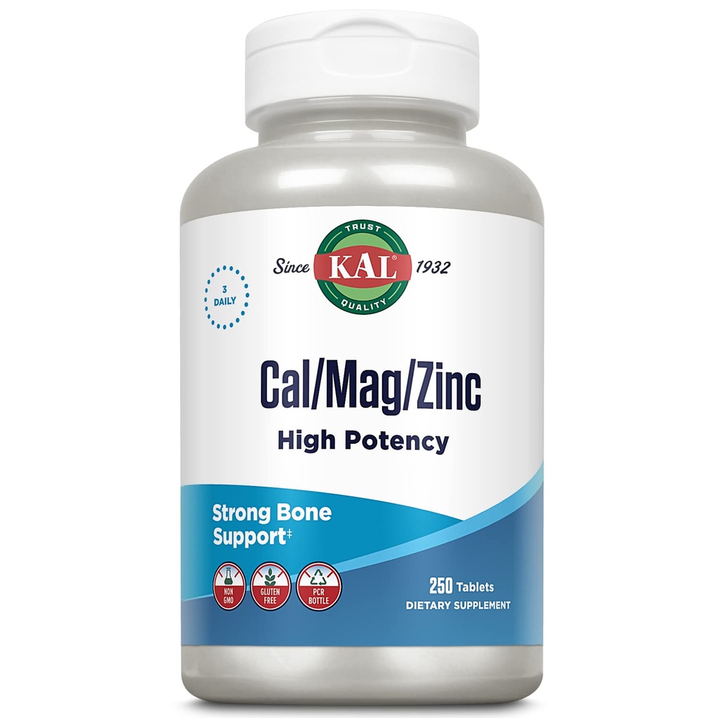 KAL Cal / Mag / Zink124; 1000mg Calcium, 400mg Magnesium & 15mg Zink124; Knogler, Muskler, Heart & Immunsupport124; 250ct, 83 Serv.