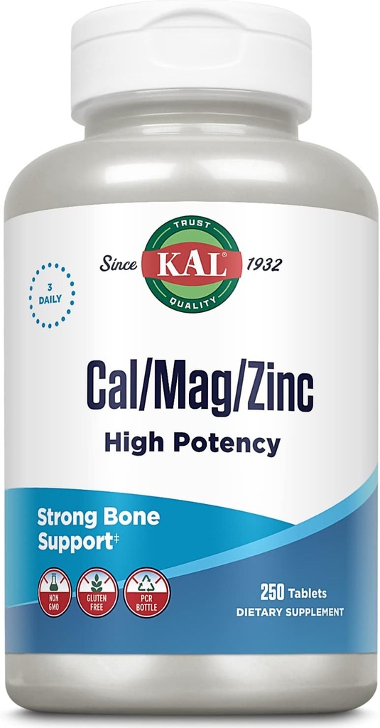 KAL Cal / Mag / Zink124; 1000mg Calcium, 400mg Magnesium & 15mg Zink124; Knogler, Muskler, Heart & Immunsupport124; 250ct, 83 Serv.