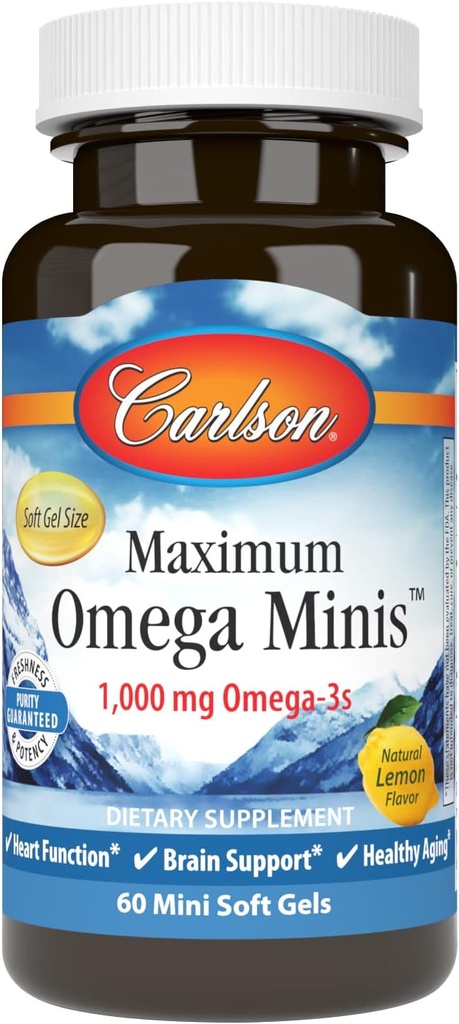Carlson - Maksimum Omega Minis, 1000 mg Omega- 3s, Heart Function, Brain Support & Sund Aging, Lemon, 60 Mini Softgels