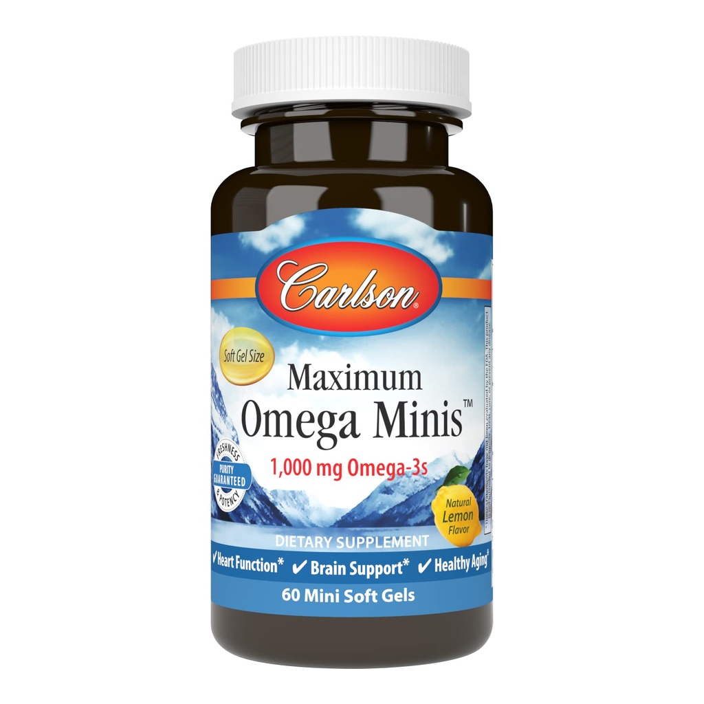 Carlson - Maksimum Omega Minis, 1000 mg Omega- 3s, Heart Function, Brain Support & Sund Aging, Lemon, 60 Mini Softgels