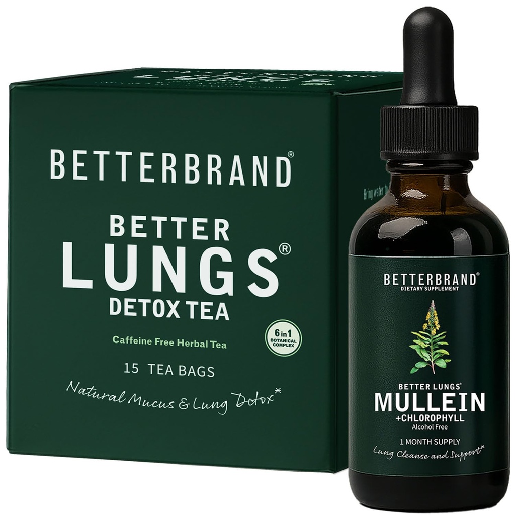 Betterbrand BetterLungs Health Pack - Bedre Lungs Detox Tea & Mullein Leaf Tincture Drops Budd124; (2) Daglig vejrtrækning