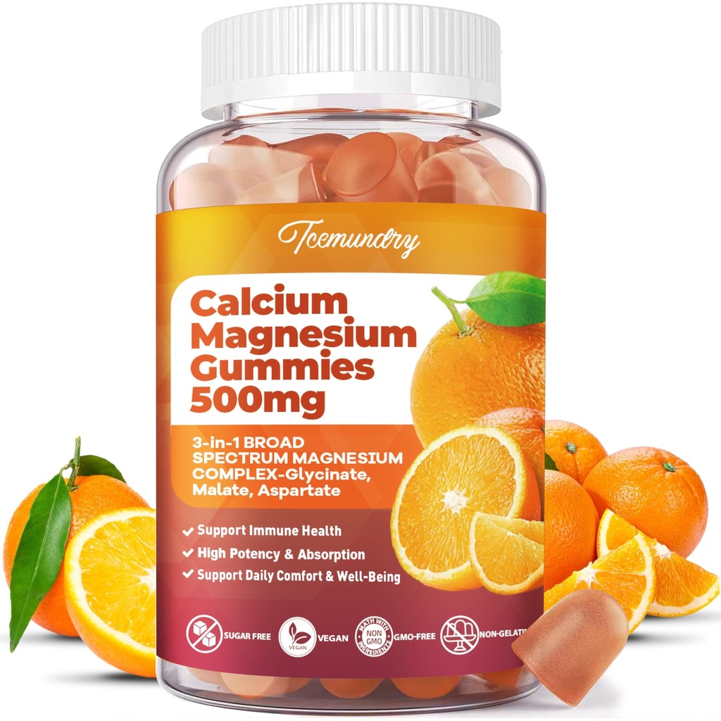 Calcium Magnesium supplement Gummies for voksne: Calcium Citrate 600 mg med vitamin D3 & K2 for kvinder Mænd - Understøtter B0ne Styrke, Bedre Zzz, Muskler, Energi & Immun (60 Tæl)