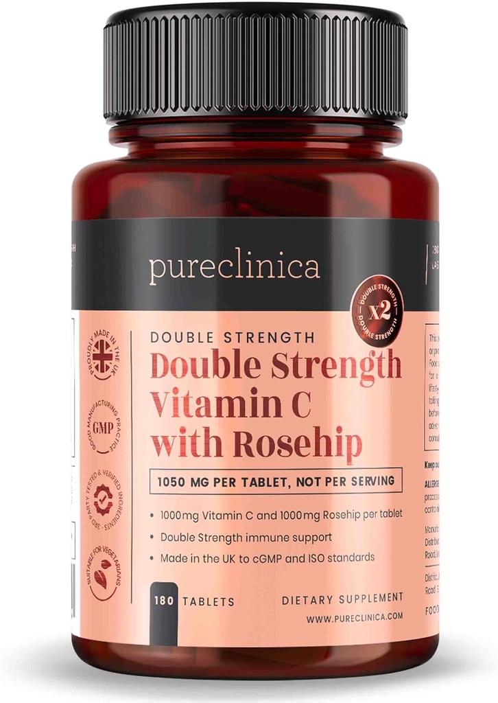 pureclinica C-vitamin med Rosehip - 2000mg (1000mg VIT C & 1000mg Rosehip Extract) x 180 tabletter - 6 måneder Tilgang!
