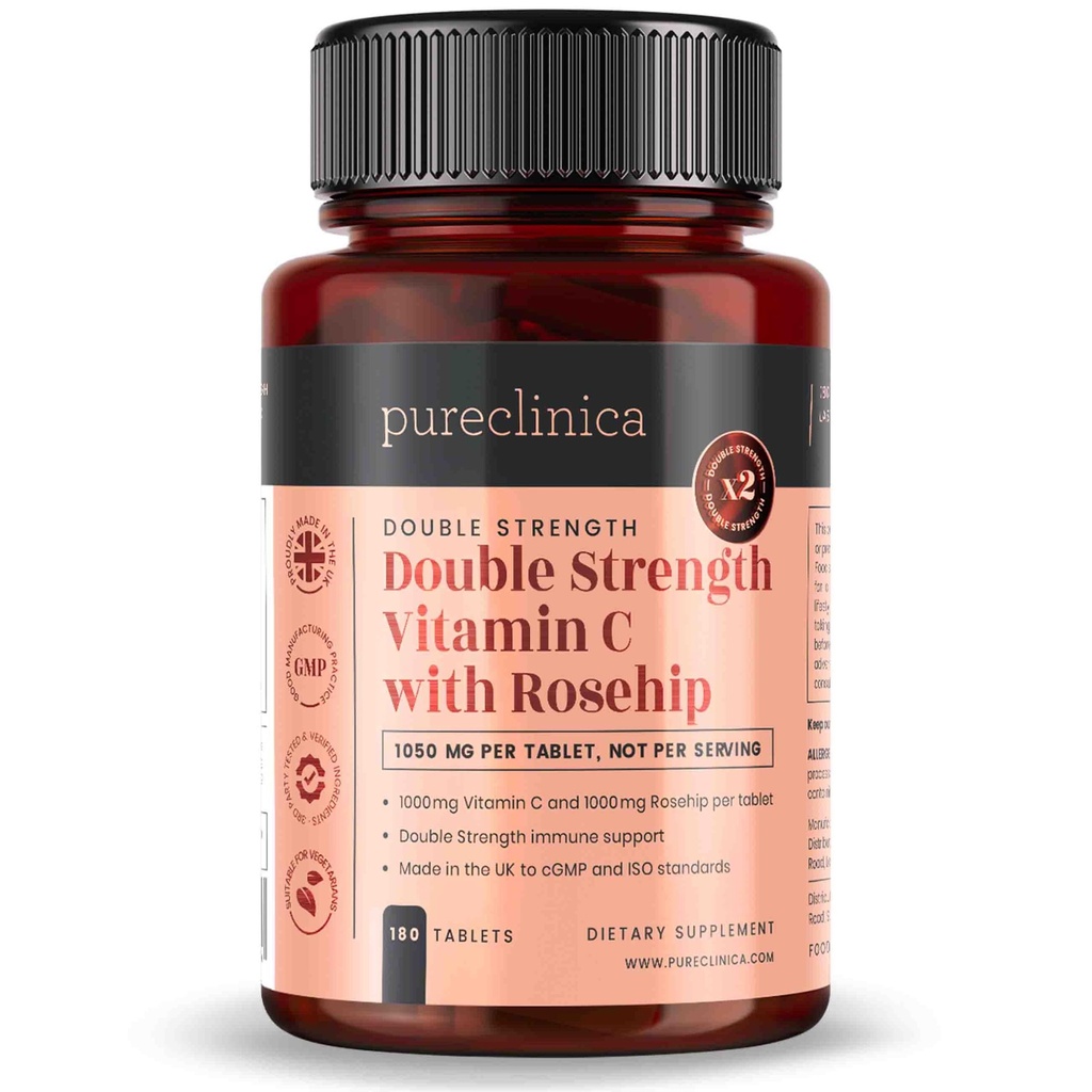 pureclinica C-vitamin med Rosehip - 2000mg (1000mg VIT C & 1000mg Rosehip Extract) x 180 tabletter - 6 måneder Tilgang!