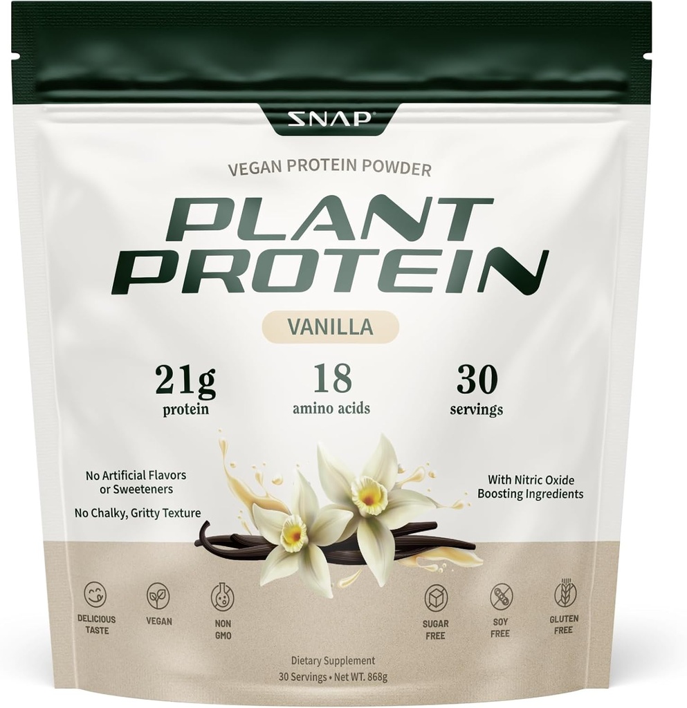 Snap kosttilskud Økologisk Plante baseret Vegan Protein Powder Nitrooxid Boosting Protein Powder, Vanilla Bean, BCAA Aminosyre til muskelvækst, Performance & Recovery - 30 Servere (Vanilla)