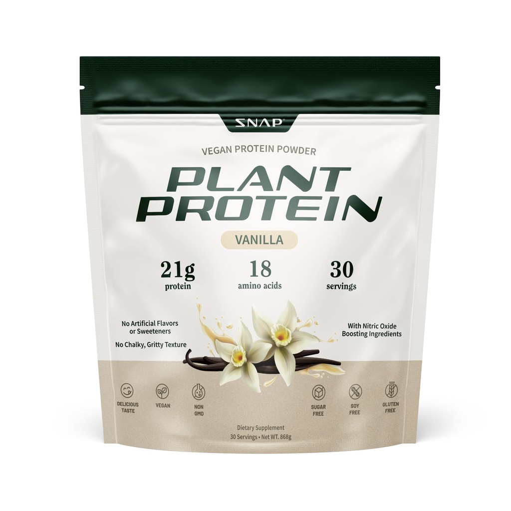 Snap kosttilskud Økologisk Plante baseret Vegan Protein Powder Nitrooxid Boosting Protein Powder, Vanilla Bean, BCAA Aminosyre til muskelvækst, Performance & Recovery - 30 Servere (Vanilla)