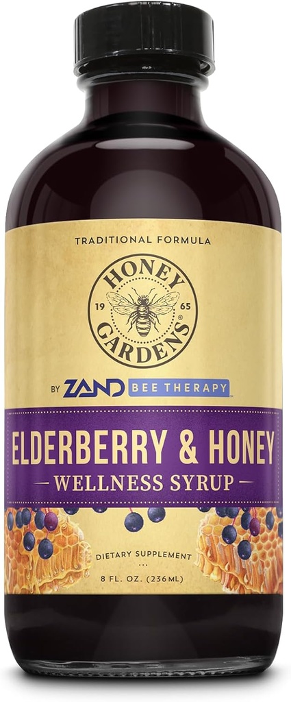 Honey Gardens Elderberry & Honey Immunsyrup - Black Elderberry Syrup til voksne & Børn, Natural Throat Defense Wellness Supplement med Propolis & Organic Apple Cider Vincire - 8 Fl Oz