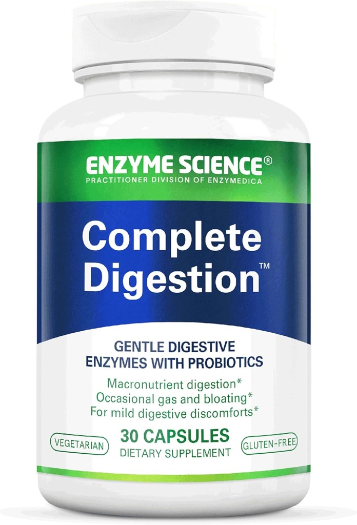 Enzyme Science Complete Digestion - fordøjelsesenzymer til kvinder og til mænd med probiotika - 3-in1 Gut Health Support for fordøjelse - fordøjelsessundhed - Enzimas fordøjelser y probioticos - 30 Kapsler