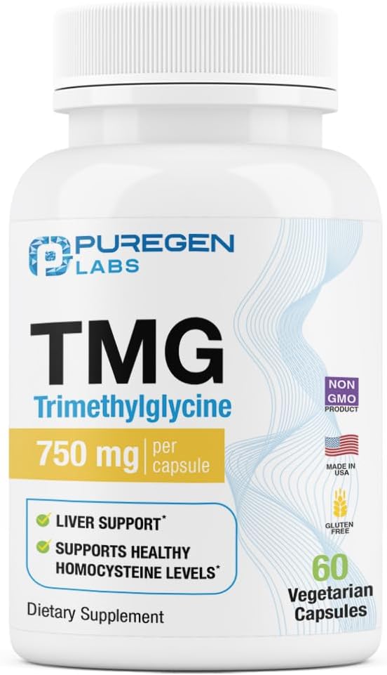 Puregen Labs TMG 750 mg - Trimethylglycin supplement - fremmer sunde homocysteinniveauer, ikke-GMO, NO Gluten og Dairy Medicine 124; Lavet i USA - 60 vegetariske kapsler