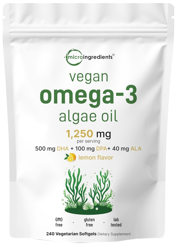 Micro Ingredients Vegan Omega 3 Algae Oil, 240 Veggie Softgels against 124; Fish Oil Alternative Measures 124; DHA 500mg & DPA 100mg Measures 124; Carrageenan Free Measures 124; Plant- Based Omega 3 med Flaxseed & ALA Measures 124; Lemon Flavored