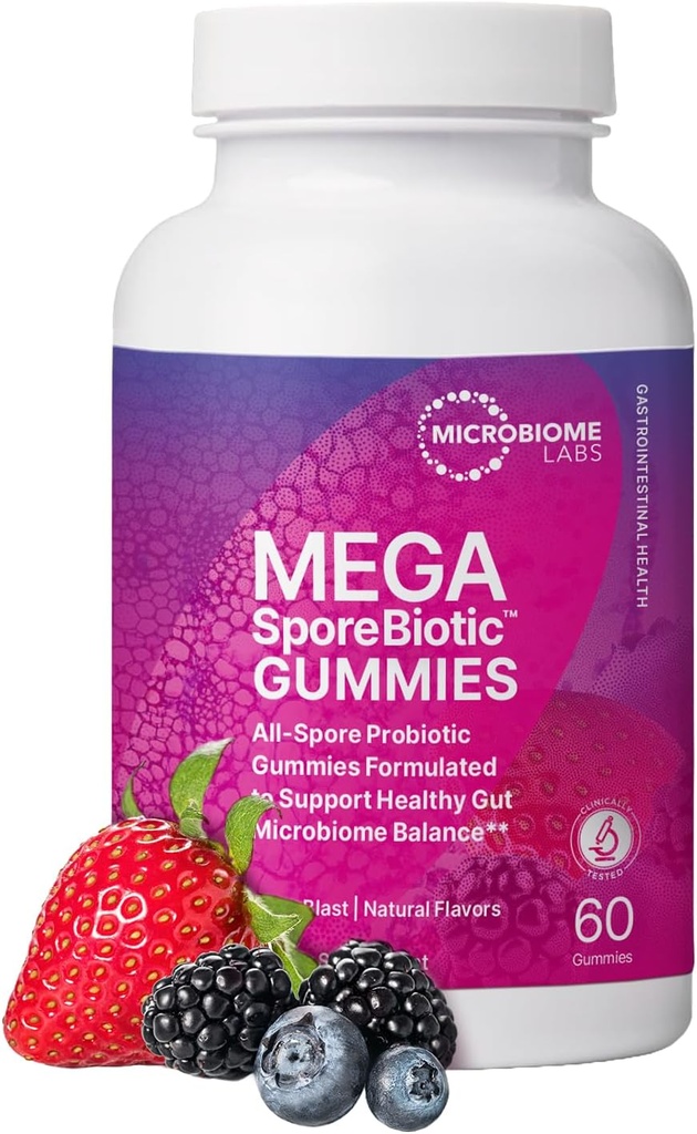 Mikrobiome Labs Sporebaseret probiotiske gummier til kvinder, mænd og børn - MegaSporeBiotic Gummies - 4 Bacillus Probiotika til fordøjelsesmæssig sundhed & mikrobiom support - Berry Flavor (60 Gummies)