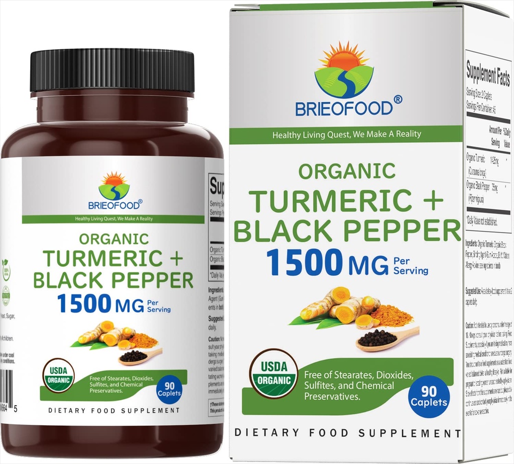 Brieofood Økologisk gurkemeje med sort peber 1500mg, 45 Servering, Vegetarisk, Gluten Free, 90 Vegetariske tabletter