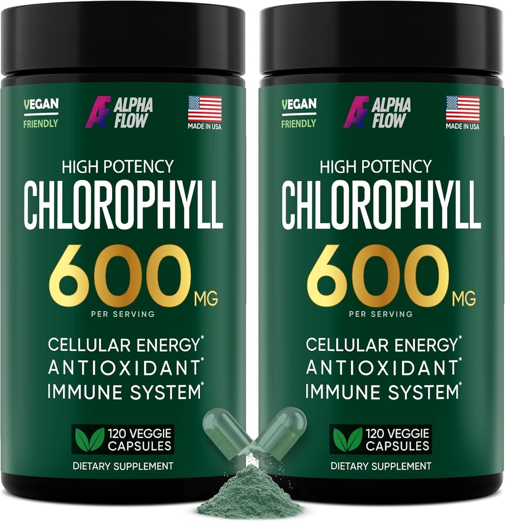 Alpha Flow [2 Pack] Chlorophyll kapsler 600mg - Chlorophyll tillæg for energi & hud - intern deodorant for kvinder & mænd - Alternativ til flydende dråber - 240 Vegan piller