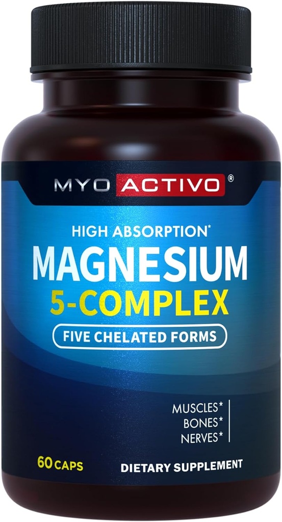 5- in-1 Magnesiumkompleks - Høj Absorption - Chelated Magnesiumglycinat, Malat, Citrat, Taurat, & Aspartat for Nerves, Muskler, Bones; 60 Kapsler