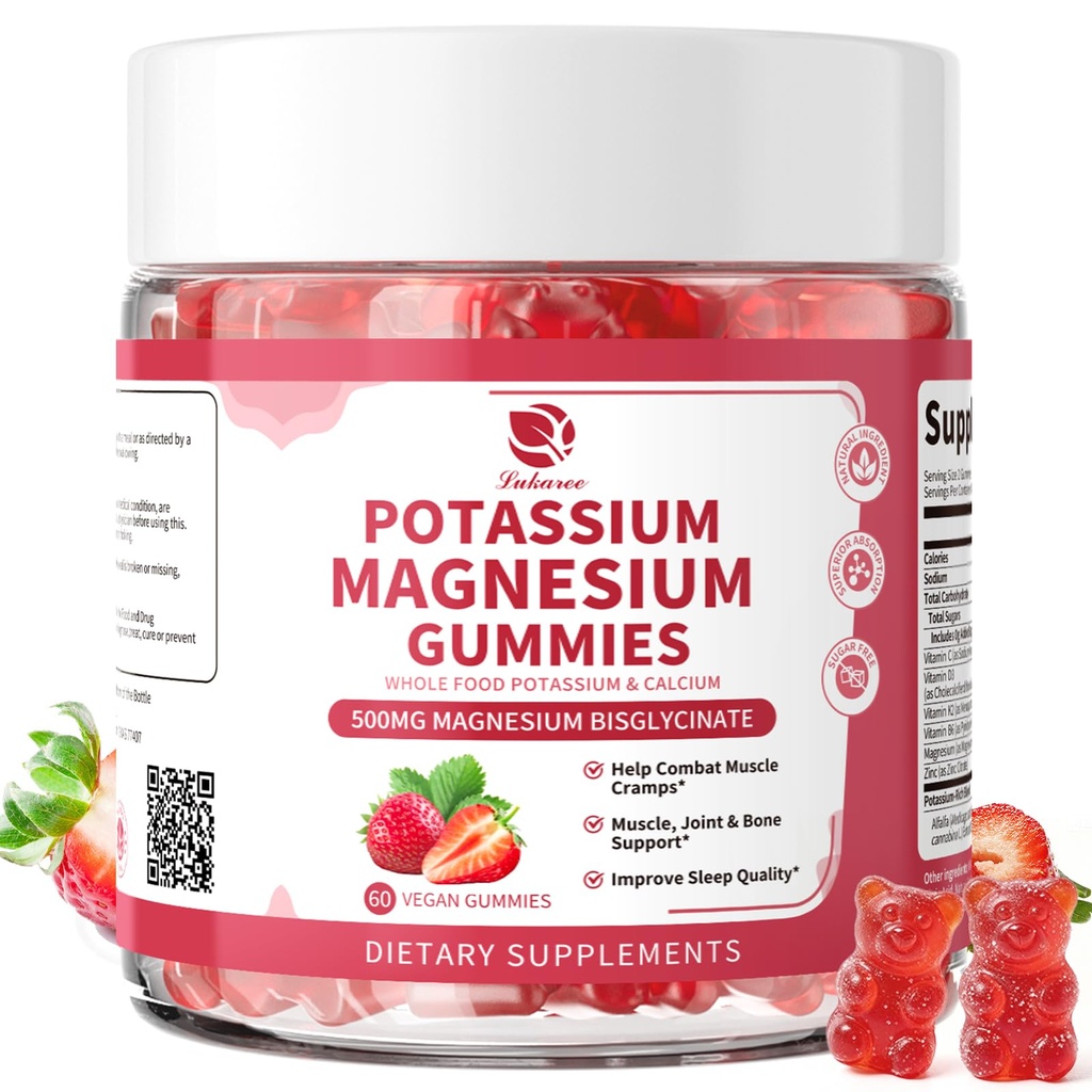 Magnesium Kalium Supplement Gummies - Ny formel Calm Magnesium Glycinate Gummies & Kalium Citrate 200 mg Plus Omega 3, B6, D3, K2 & Calcium til Zzz, Leg kramper & Muskel - 120 Tæl