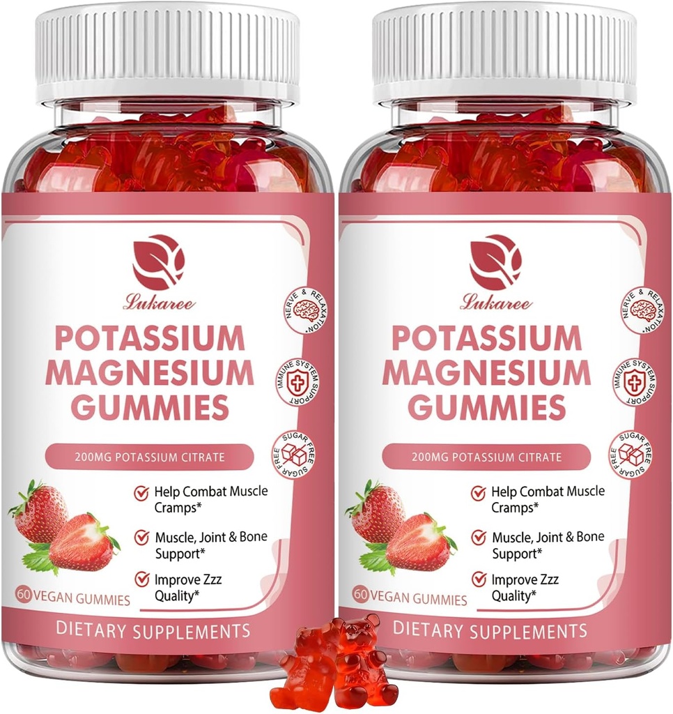 Magnesium Kalium Supplement Gummies - Ny formel Calm Magnesium Glycinate Gummies & Kalium Citrate 200 mg Plus Omega 3, B6, D3, K2 & Calcium til Zzz, Leg kramper & Muskel - 120 Tæl