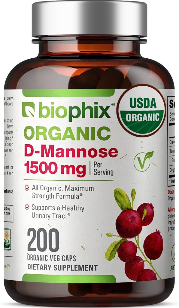 biophix D- Mannose USDA Organic 1500 mg 200 Veggie Caps - Understøtter en sund blære Urinary Tract, non-GMO, Vegan- Friendly