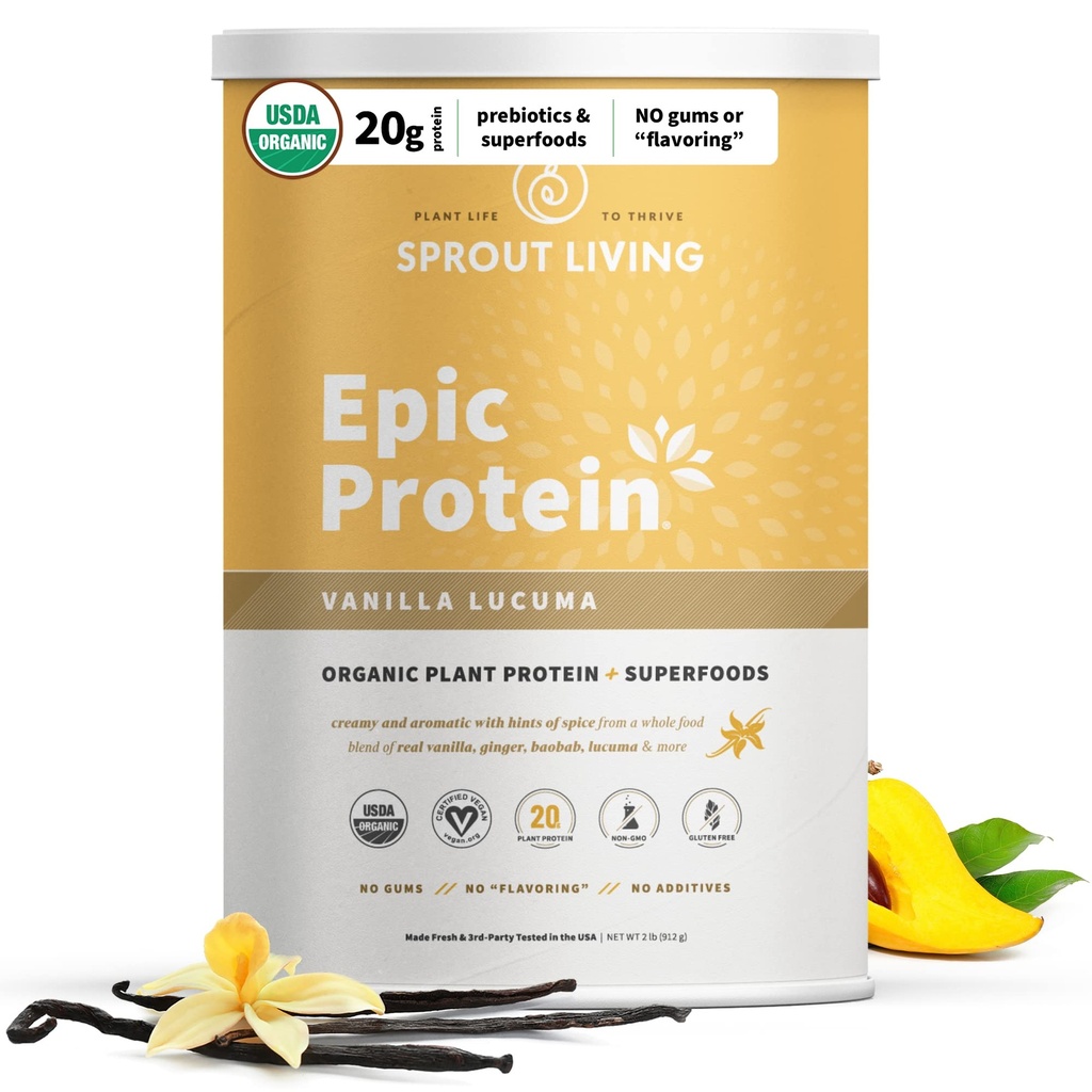 Sprud Living Epic Protein, Plant Based Protein & Superfoods Powder, Vanilla Lucuma Powder Budd124; 20 Grams Organic Protein Powder, Vegan, Non Dairy, Non- GMO, Gluten Free, Low Sugar (2 Pund, 24 Servere)