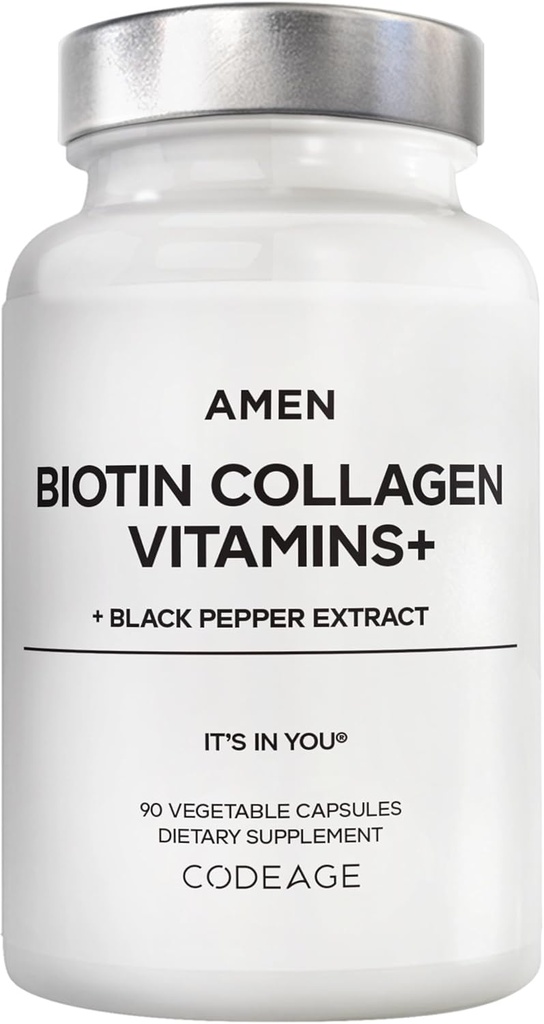 Amen Biotin Collagen Vitaminer + 10.000 mcg Biotin Supplement - Hydrolyzed Collagen, Vitaminer C & E, Folate, Hyaluronsyre, Keratin, MSM, Saw Palmetto - 3-måned Supply - Non-GMO - 90 Kapsler