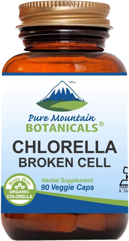 Pure Mountain Botanicals Broken Cell Wall Chlorella Capsules - 90 Kosher Vegan Caps Now with 500mg Organic Chlorella Powder