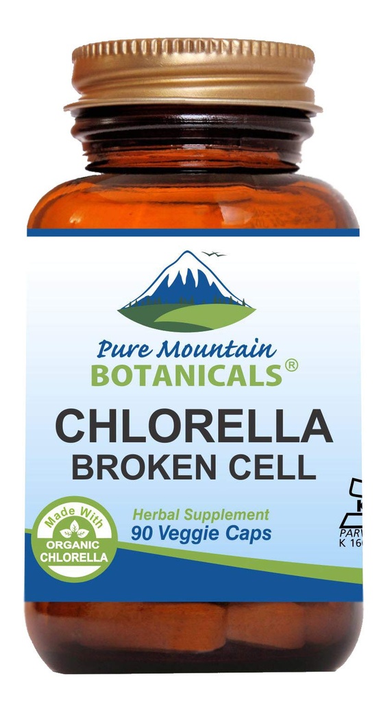 Pure Mountain Botanicals Broken Cell Wall Chlorella Capsules - 90 Kosher Vegan Caps Now with 500mg Organic Chlorella Powder