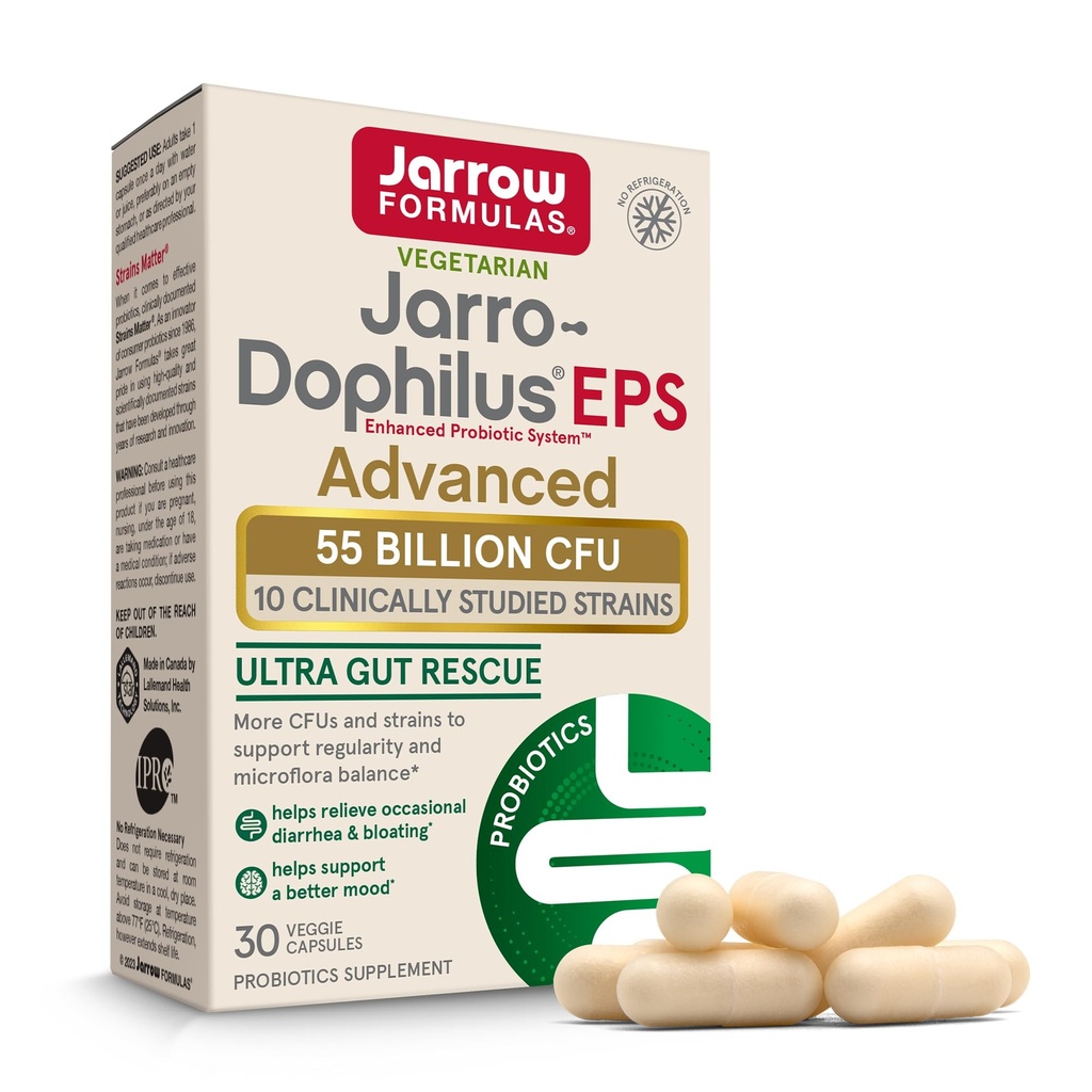 Jarrow Formulas Jarro- Dophilus EPS Advanced, 55 Millioner CFU Probiotika, fordøjelsesstøtte til voksne, 30 Probiotiske supplement Veggie kapsler, Op til 30 dages forsyning
