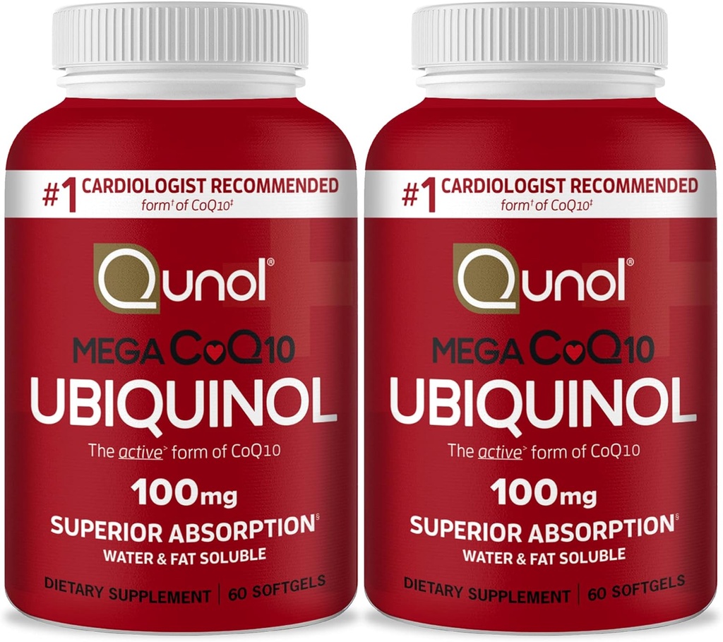 Qunol Mega Ubiquinol Coq10 100mg, Superior Absorption, Patenteret vand og fedt Opløselig Natural Supplement Form of Coenzym Q10, Antioxidant for Heart Health, 60 Softgels, Pakning med 2