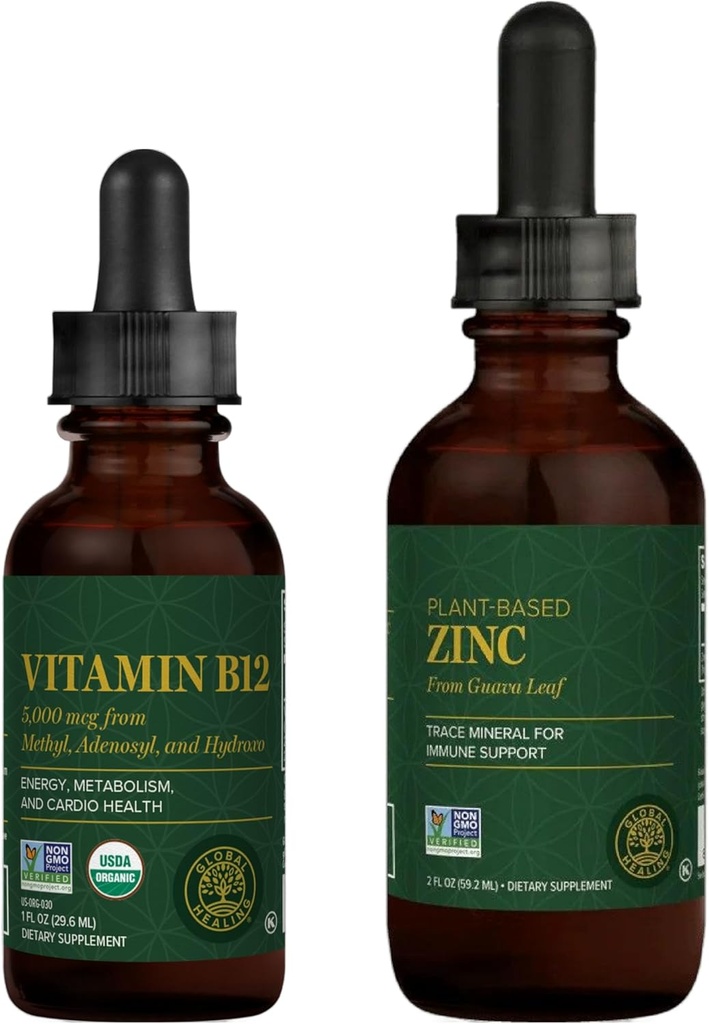 Global Healing Center - Vitamin B12 og Økologisk Zink Væske Supplement Kit - Længere energi, immunsystemet Boost, Hormonbalance