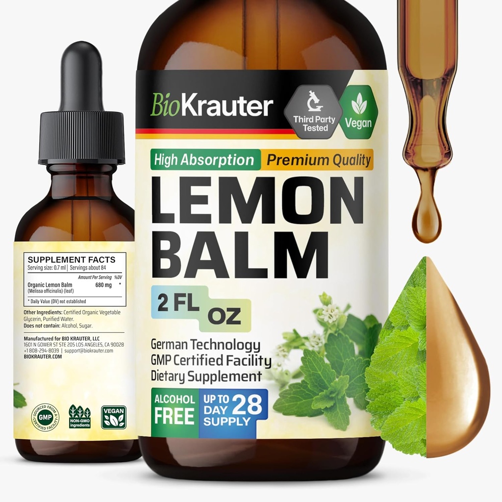 BIO KRAUTER Lemon Balm Leaf Extract - Vegansk Melissa Lemon Balm tinktur til Calmness Support - Sukker & Alkoholfri - 2 Fl. Oz.