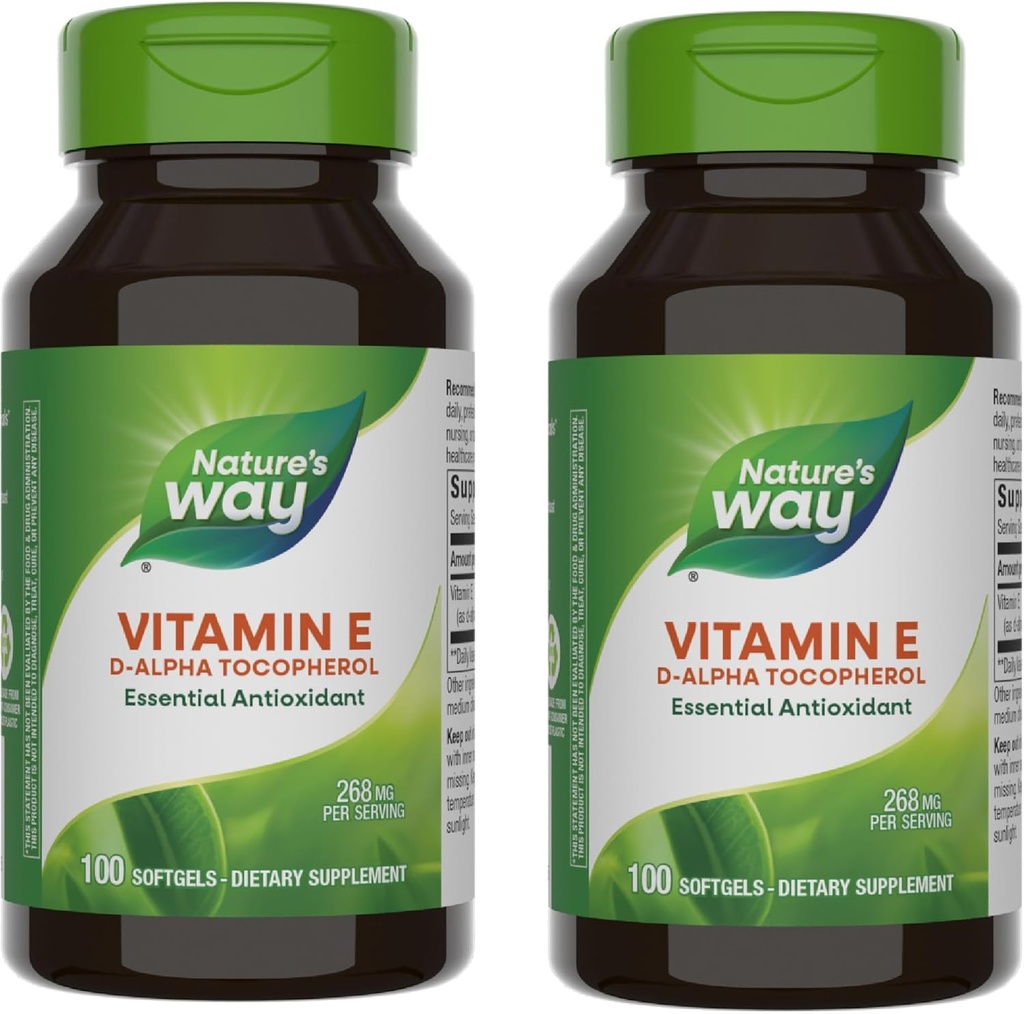 Nature 's Way Vitamin E, D-Alpha Tocopherol, Essential Antioxidant, Hjælper neutralisere frie radikaler *, 268 mg per servering, 100 Softgels (Packaging May Vary) - 2 Pack
