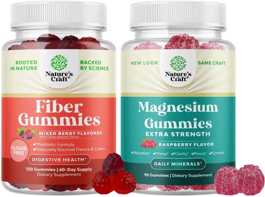 Bundle of Fiber Gummies - Chicory Root Supplement med Prebiotic Support til Gut & fordøjelsessygdomme og Magnesium Gummies - Afslappende Magnesium Citrate - Raspberry Flavored for Body & Mind Afslapning