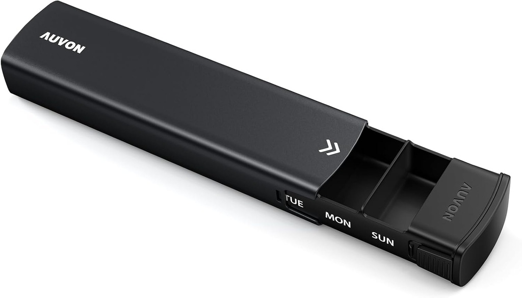 AUVON Metal Weekly Pill Organizer med Slide Design, Stilfuld Travel Pill Box 7 Dag for beskyttelse af privatlivets fred, Aluminium Alloy Pill sag med stort udvalg for kosttilskud, Fiskeolie (sort)