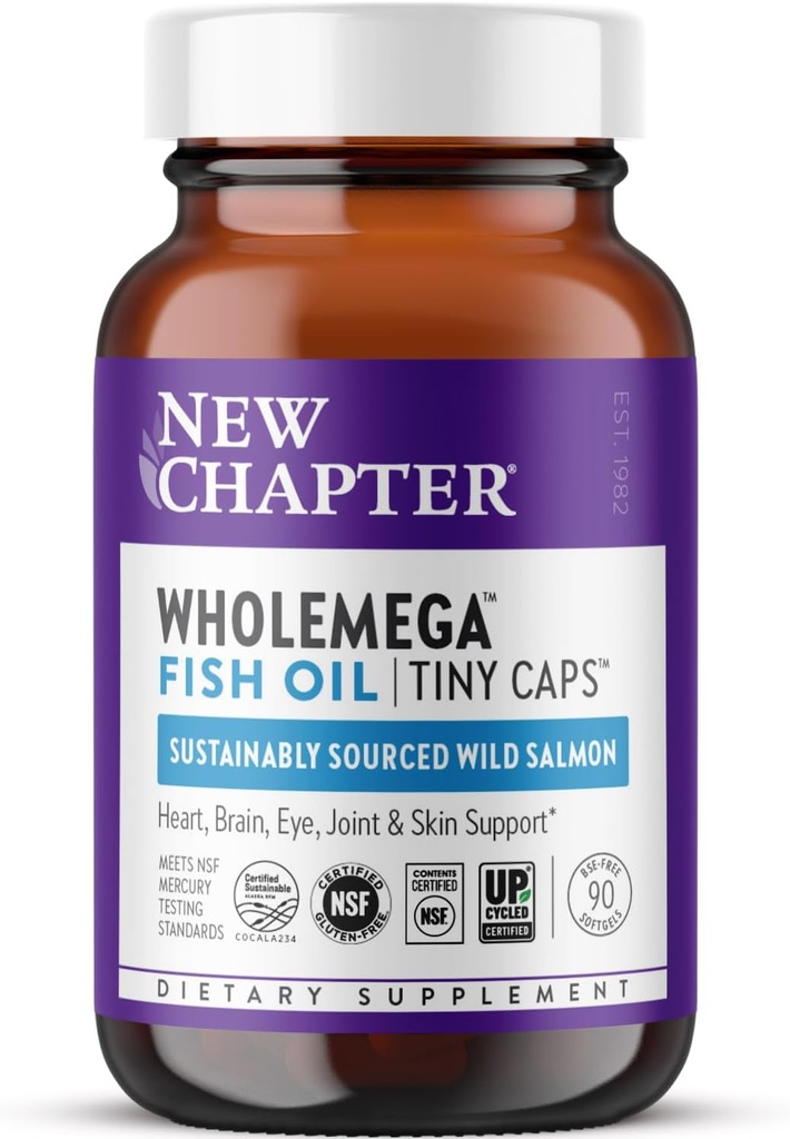 Nyt kapitel Wholemega Fish Oil Supplement, Tiny Capsules, 2000mg per servering, Klinisk proven Wild Alaska lakseolie med Omega-3 + vitamin D3 + Astaxanthin, 500mg hver - 90 Tæl