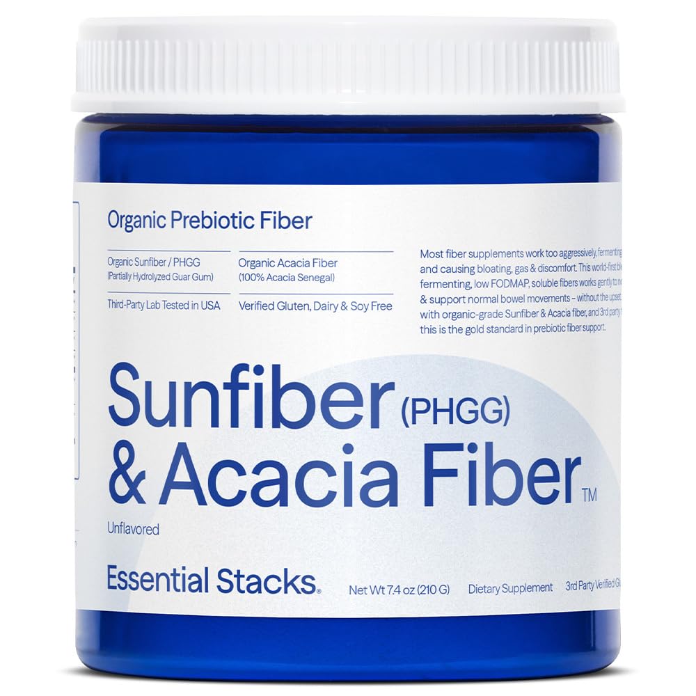 Væsentlige stakke Organisk Sunfiber Prebiotic Fiber (Delvist Hydrolyzed Guar Gum / PHGG) med Acacia Fiber Powder - Gluten Free, Non- GMO & Unflavored Opløselig Fiber (7.4 oz)