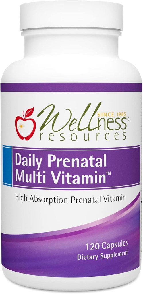 Wellness Resources Daily Prenatal Multi Vitamin - Metyleret Folat Zink Iron Bisglycinate Cholin & Key Nutrients - Natural Prenatal Postnatal Postpartum Vitaminer for kvinder - 120 Caps