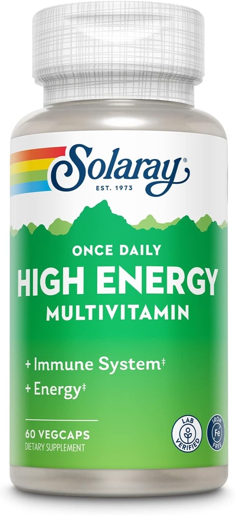 SOLARAY Én gang Daglig High Energy Multivitamin, jern fri, immunsystem og energistøtte, Hele fødevarer og urter Base Ingredienser, Mænd og kvinders Multi Vitamin, 60 Servere, 60 VegCaps