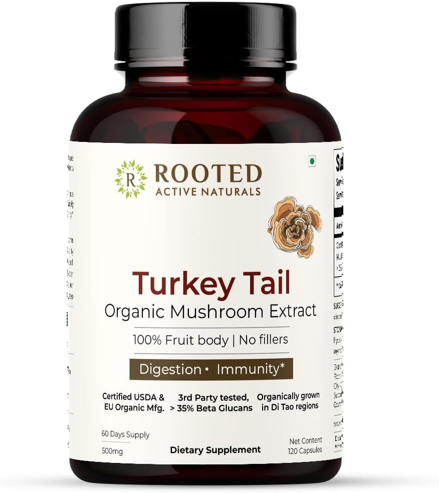ROOTED Active 's Turkey Tail Mushroom Extract Kapsler 124; Heart Health, Stress Relief, Lever. USDA Organic, 35% Beta Glucans, Certified Organic (120 Kapsler)