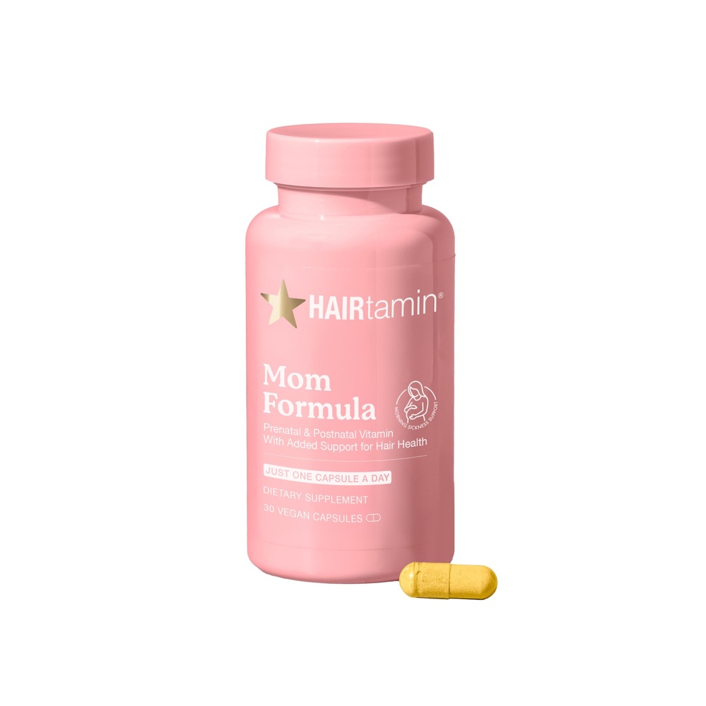 HAIRtamin MOM Vegan Prenatal & Postnatal Multivitamin Supplement & Hår Vitamin Graviditet, Postpartum, Amning Probiotika One- A- Day Hår Vitaminer med Biotin, Zink, Jern (30 Tæller)