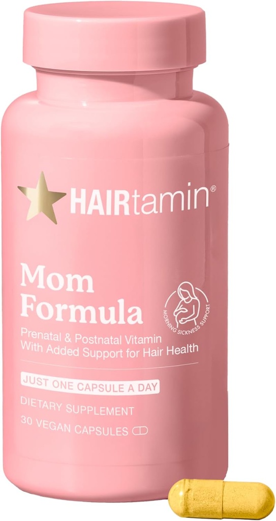HAIRtamin MOM Vegan Prenatal & Postnatal Multivitamin Supplement & Hår Vitamin Graviditet, Postpartum, Amning Probiotika One- A- Day Hår Vitaminer med Biotin, Zink, Jern (30 Tæller)