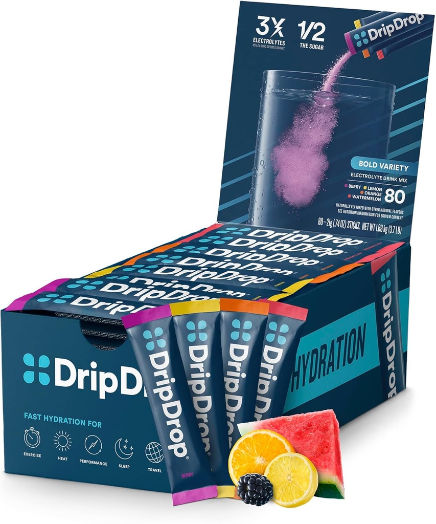 DripDrop Hydration Pakker - Fed Variety Pack - Single Serve Electrolytes Powder Mix - Watermelon, Berry, Lemon, Orange - non-GMO, Gluten Free, Vegan - 80 sticks
