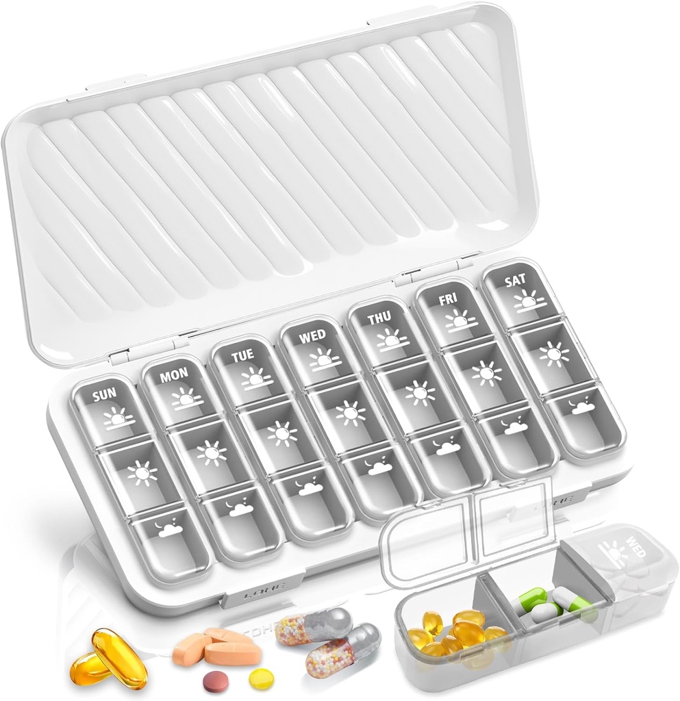 GloDeals Weekly Pill Organizer - Stor 7 dages Medicin Organizer, 3 gange om dagen, Hvid