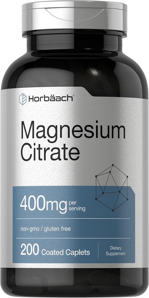 Horbäach Magnesium Citrate | 400mg | 200 Caplets | Vegetarian, Non-GMO, and Gluten Free Supplement