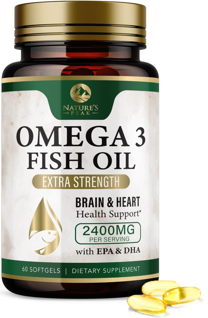 Omega 3 Fish Oil Pills 2400mg - Triple Strength Omega 3 Fish Oil Supplements - Best EPA & DHA Fedtsyrer til hjerne & hjerte Health Support, Nature 's Omega3 Supplement, 30 Day Supply - 60 Softels
