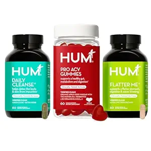 HUM Gut Health Bundle, Daily Cleanse, Flatter Me Digestive Enzymes & Pro Apple Cider Vinegar Gummies with Probiotics for Digestive Health, Probiotics, Vitamin B12, ACV, 3-Step Wellness Support Pack