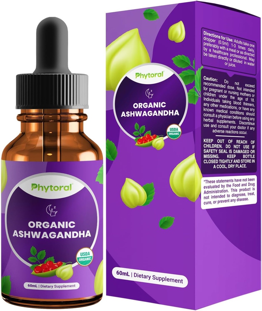 Phytoral Organic Ashwagandha Flydende dråber til voksne - Potent Flydende Ashwagandha Root Extract for Energy and Mood Support - Tincture Vegan non-GMO Gluten & Alkohol- Gratis (120 Servering)